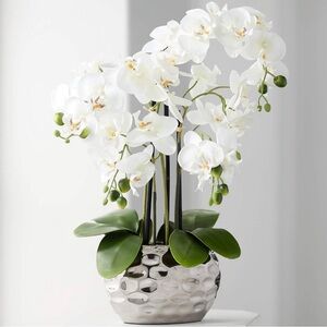 Artificial Flowers Arrangements White Phalaenopsis Orchid in Silver Pot 🤩🤩🤩🤩